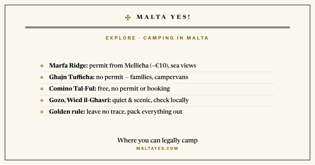 Where you can legally camp in Malta: Marfa Ridge, Għajn Tuffieħa, Comino and Gozo compared