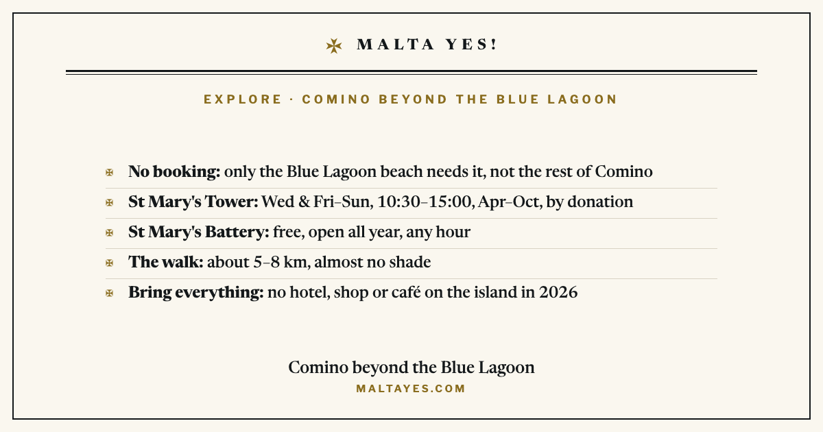 On Comino only the Blue Lagoon beach needs a booking; St Mary’s Tower opens Wednesday and Friday to Sunday, the battery is free all year, and there is no shop or café on the island.