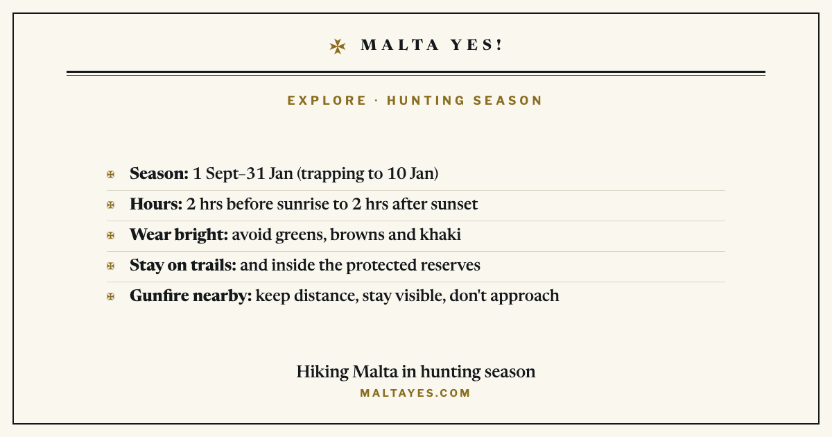 What hikers should know about Malta’s hunting season: dates, hours, bright clothing and staying on trails