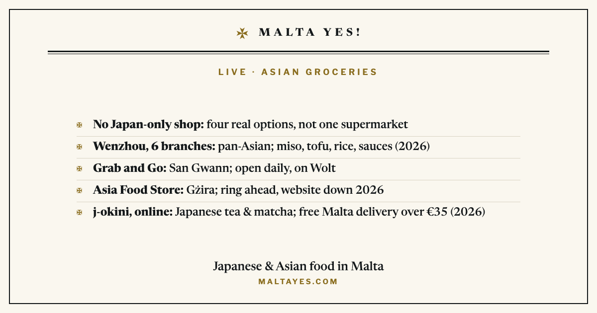 Where to buy Japanese and Asian groceries in Malta: no dedicated Japanese supermarket, but Wenzhou’s six pan-Asian branches for miso, tofu and rice; Grab and Go in San Gwann; Asia Food Store in Gżira; and j-okini online for Japanese tea and matcha with free Malta delivery over €35.